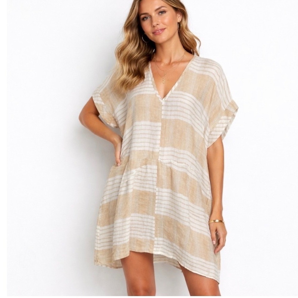 Akemi+Kin Tunic 100% Linen Tunic Top Striped Lagenlook Beach Womens XS Beige